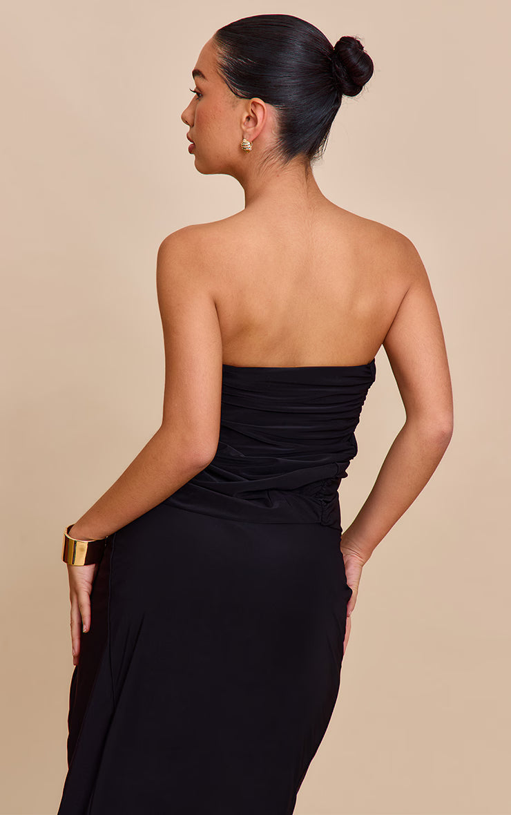 Black Double Layer Slinky Bandeau Split Hem Trim Top
