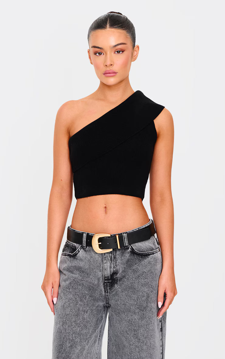 Black Soft Rib Knit One Shoulder Fold Over Crop Top