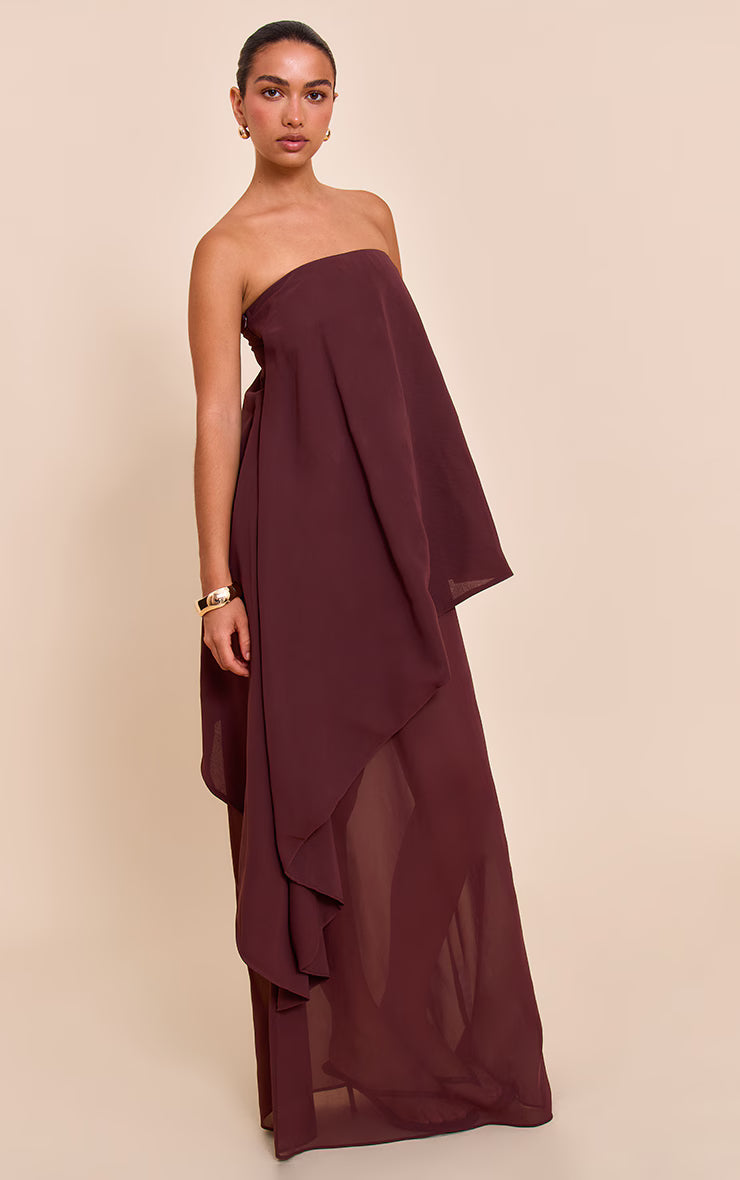 Chocolate Chiffon Bandeau Overlay Maxi Dress
