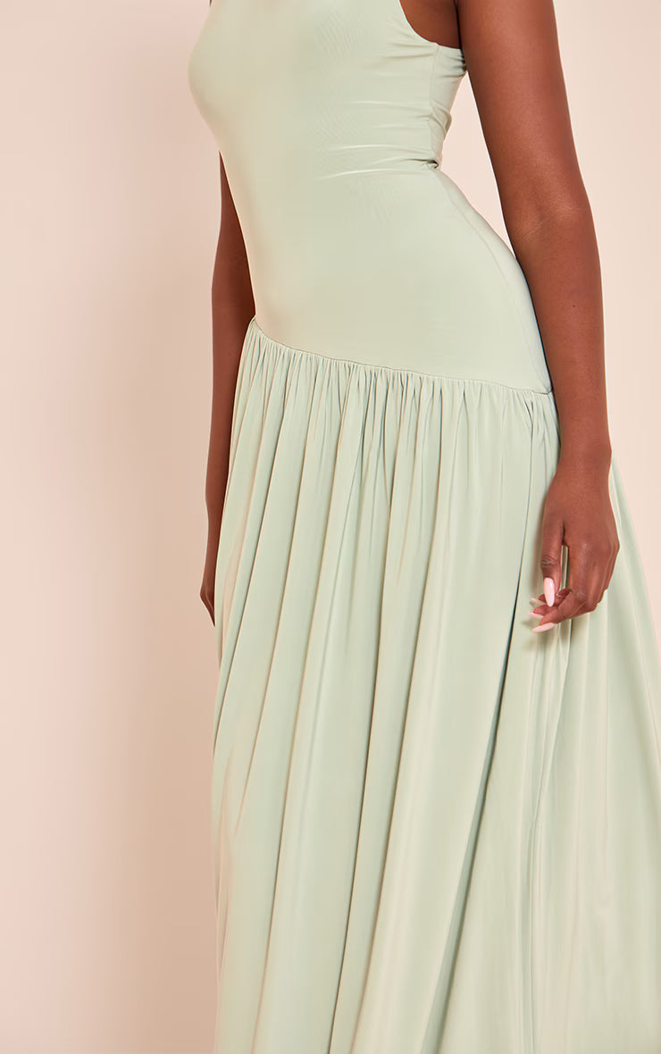 Sage Double Layer Soft Touch Asymmetric Dropped Waist Maxi Dress