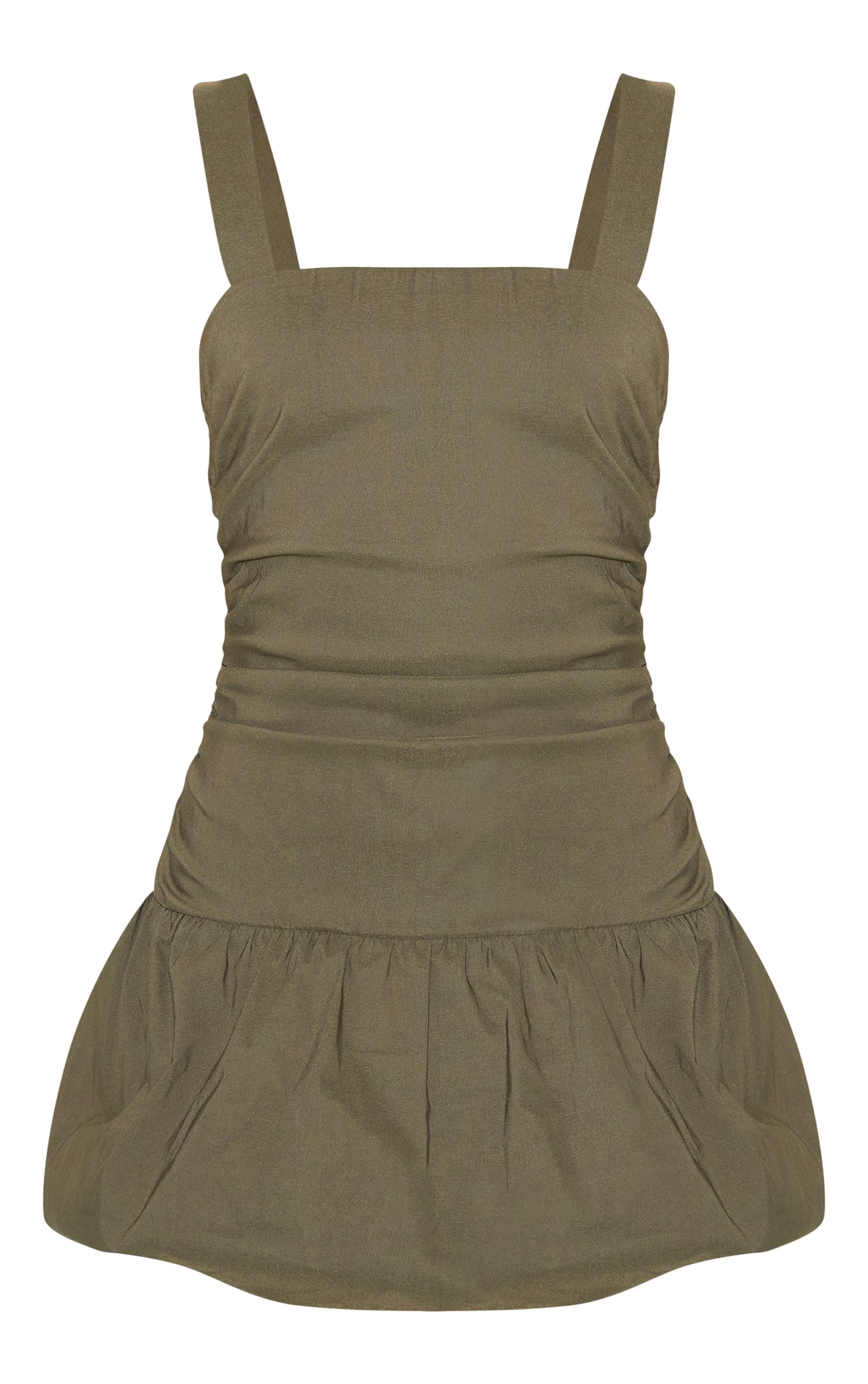 Khaki Strappy Ruched Puffball Dress