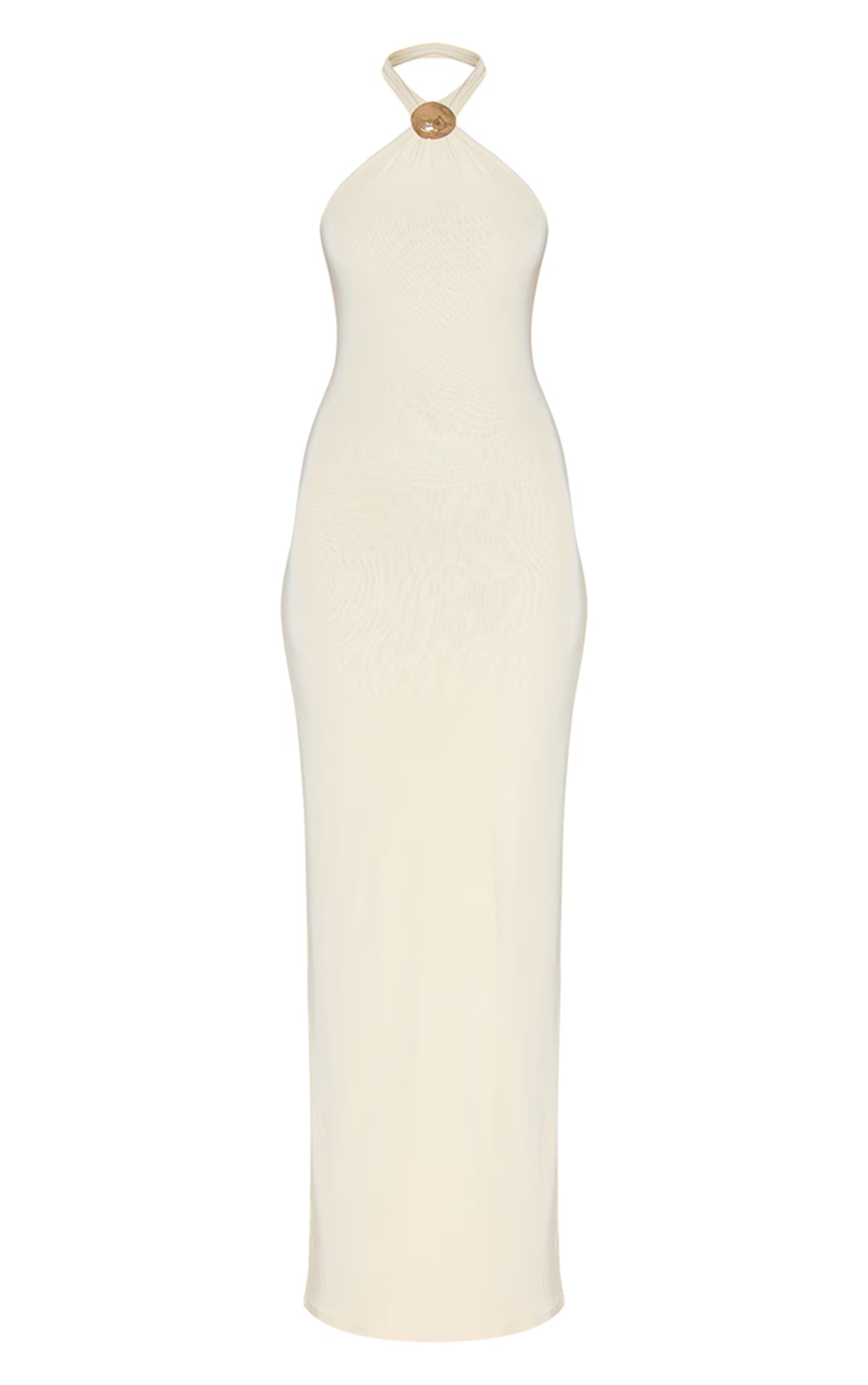 Almond Double Layered Slinky Halter Neck Trim Detail Maxi Dress