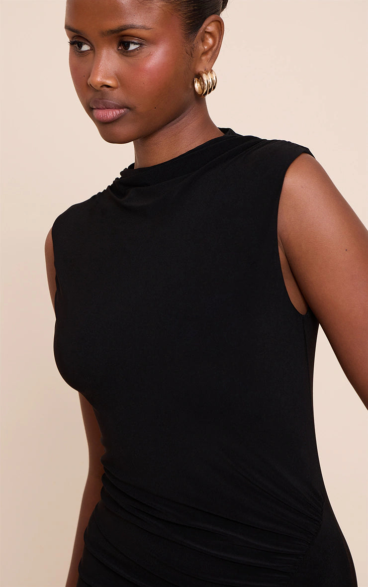 Black Slinky Ruched Mini Dress