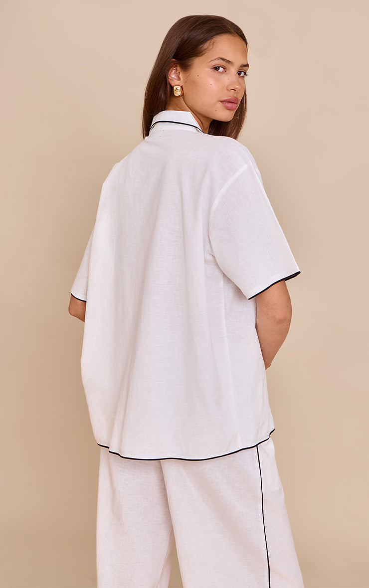 Cream Linen Look Contrast Oversized Tie Shirt