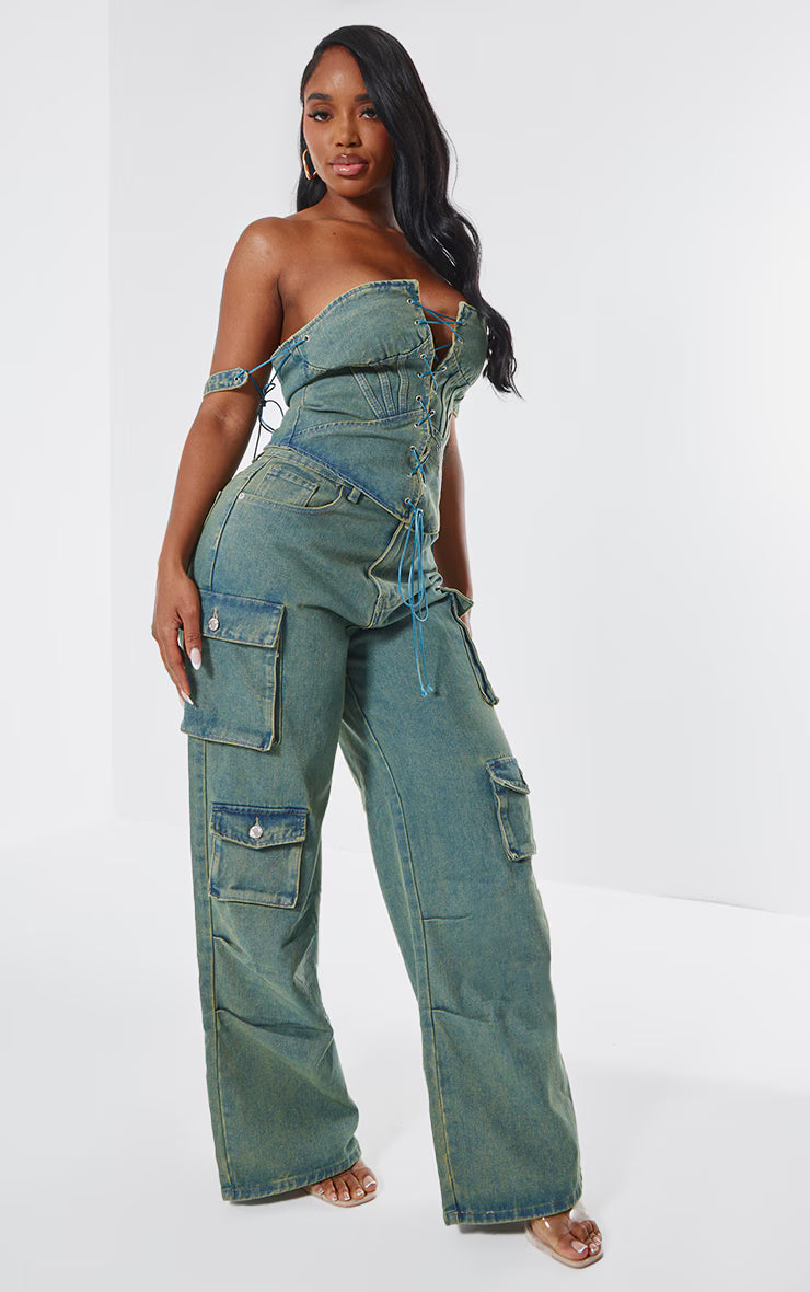 Shape Vintage Wash Denim Lace Up Front Corset