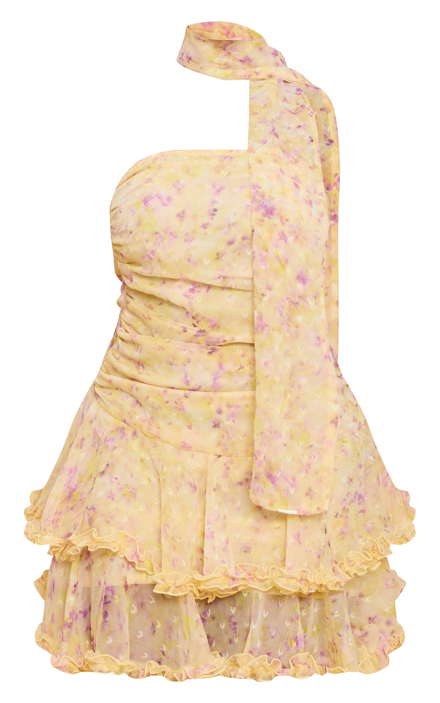 SHAPE Pastel Yellow Chiffon Ditsy Floral Print Tiered Frill mini Dress