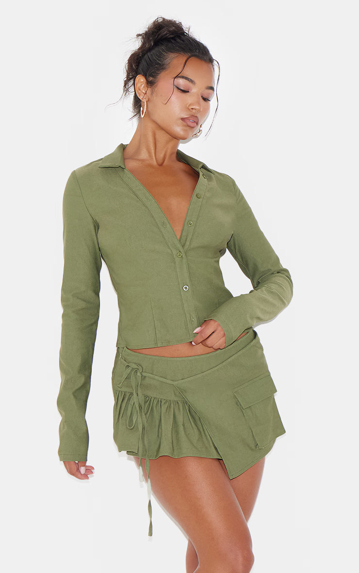 Khaki Woven Long Sleeve Cargo Shirt