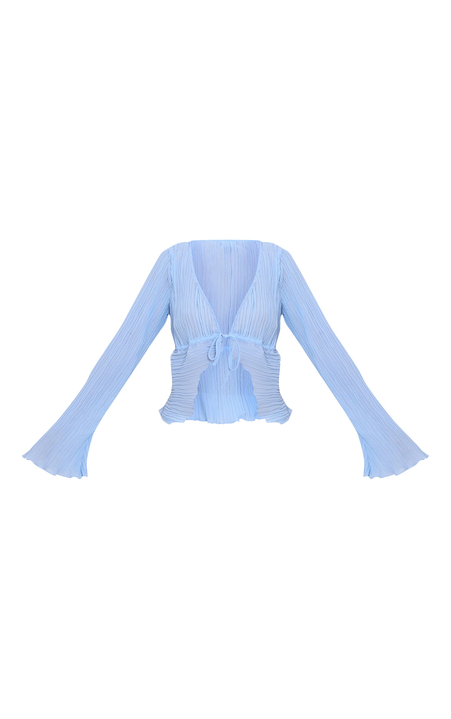Sky Blue Sheer Plisse Tie Front Flute Sleeve Blouse