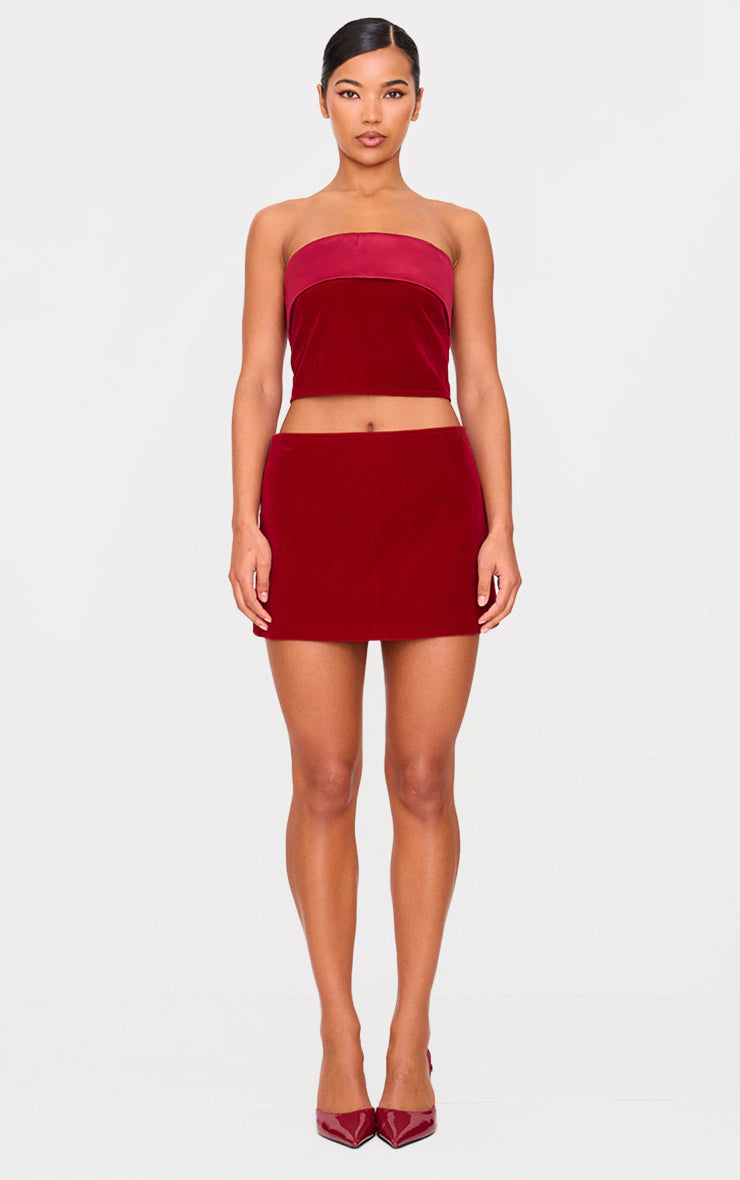 Burgundy Velvet Satin Foldover Long Top