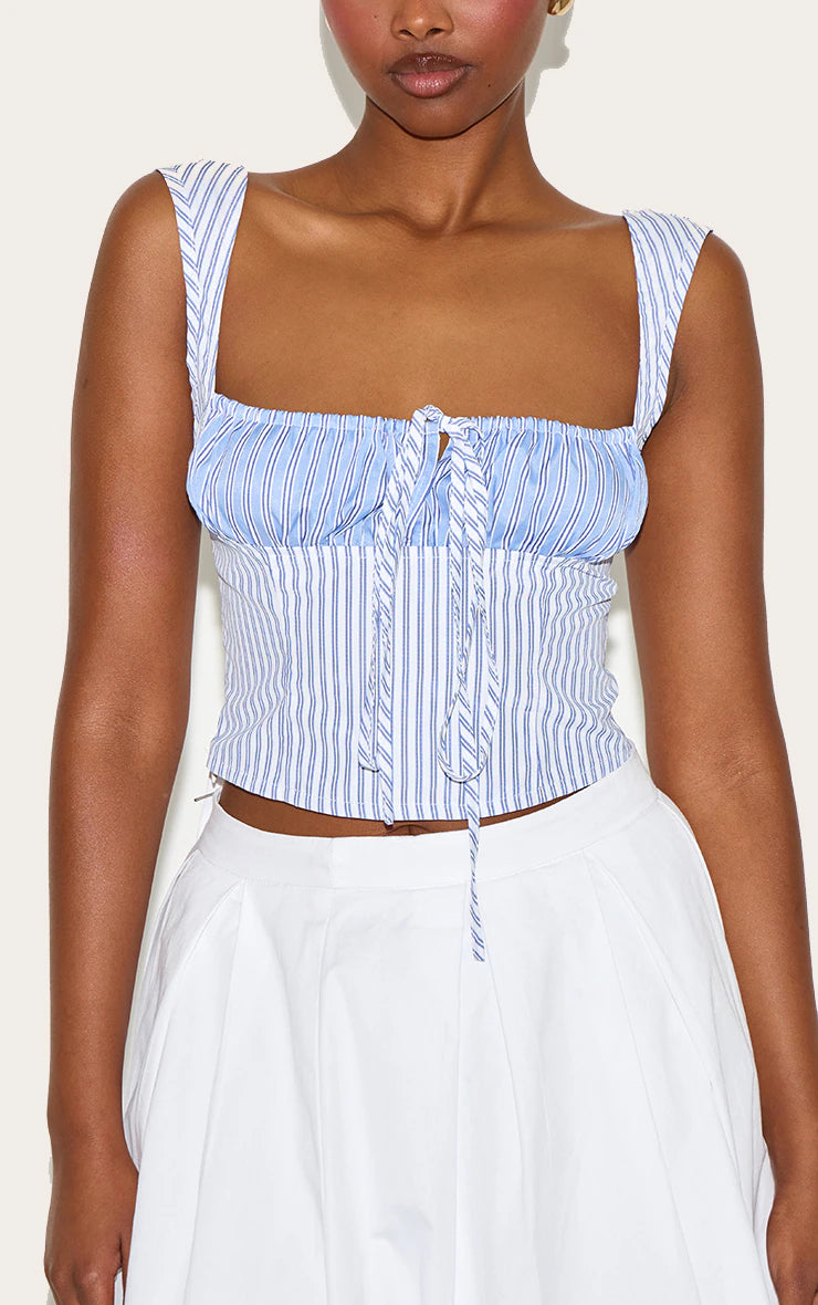 Sky Blue Cotton Contrast Striped Crop Top