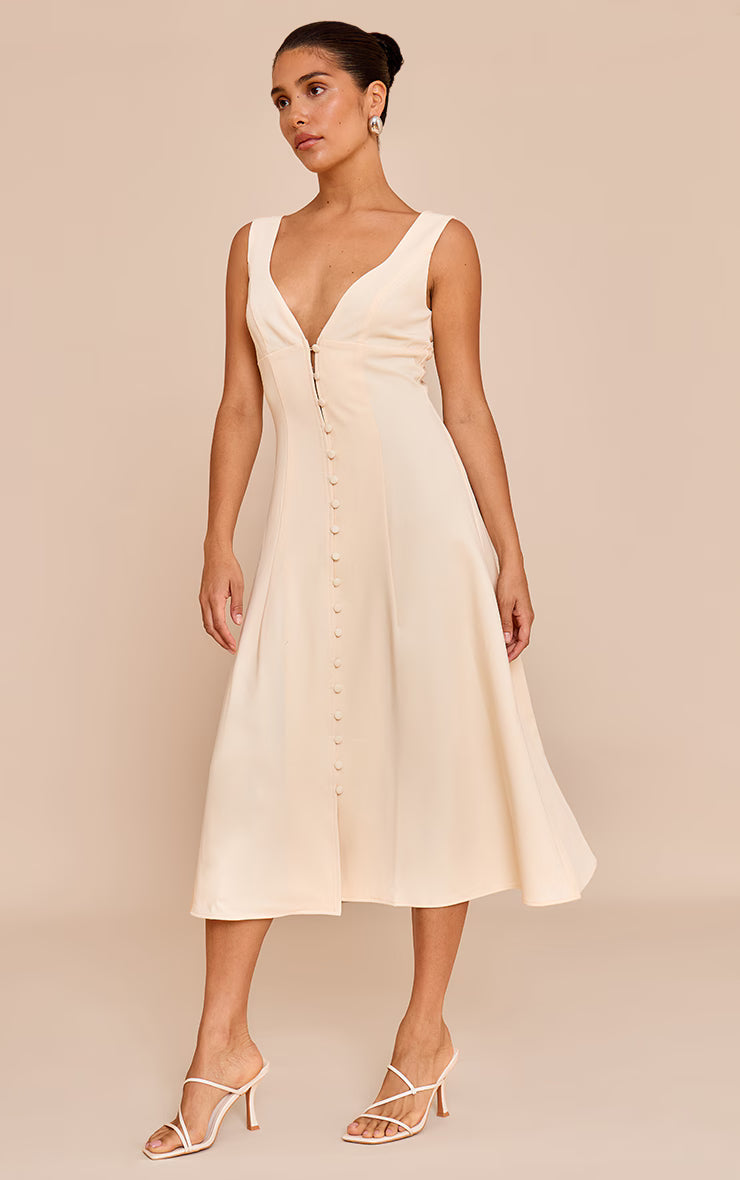 Petite Butter Cream Plunge Button Up Midi Dress