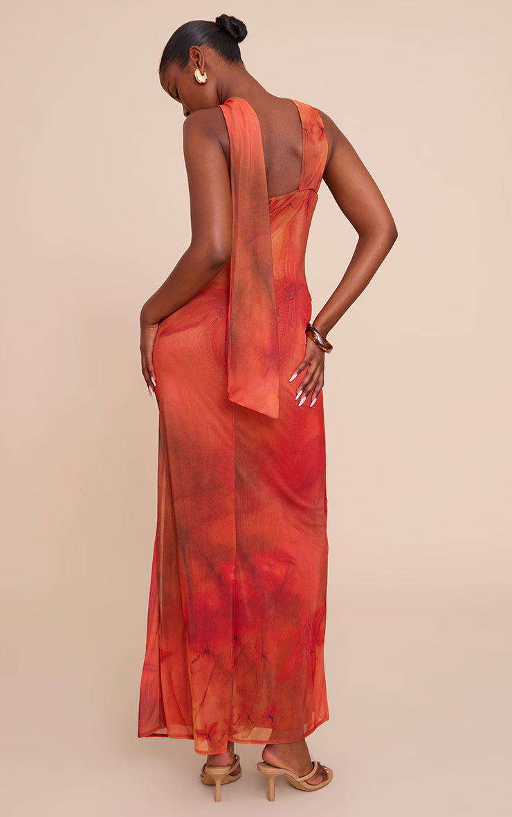 Red Printed Chiffon Frill Details Strappy Maxi Dress