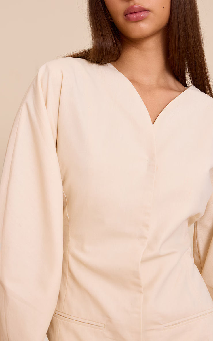 Natural Woven Balloon Sleeve Collarless Blazer Dress