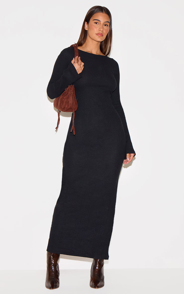 Black Heavy Brushed Rib Flared Sleeve Maxi Dress