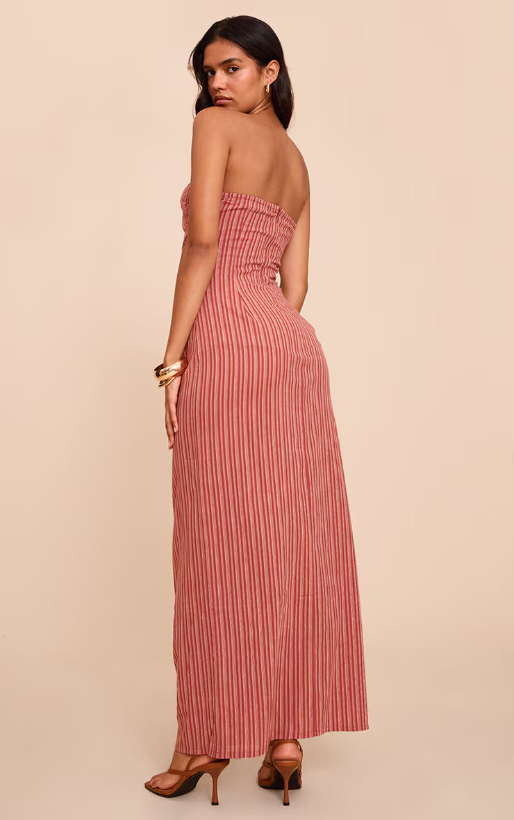 Rust Striped Bandeau Ruched Shift Dress