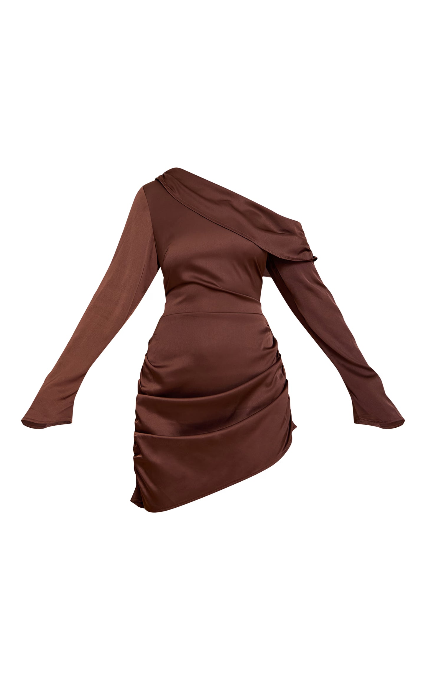 Chocolate Satin One Shoulder Drape Bodycon Dress