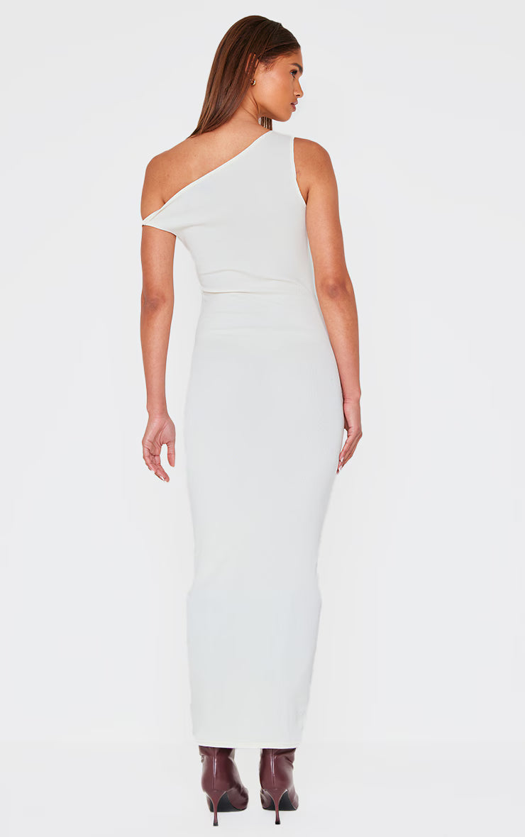 Cream Ribbed Asymmetric Sleeveless Maxi Dress
