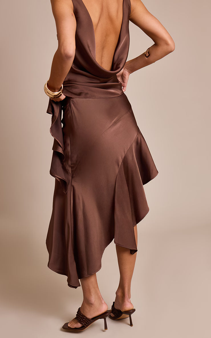 Chocolate Satin Asymmetric Ruffle Midi Skirt
