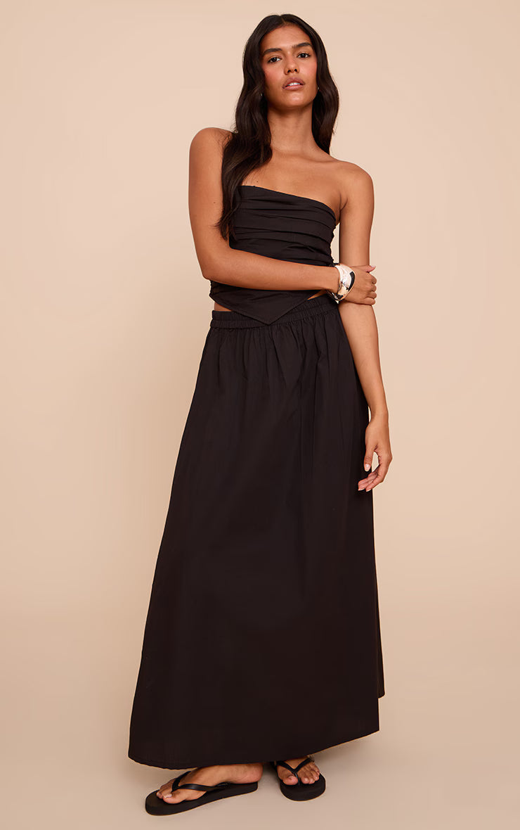 Black Cotton Poplin Ruched Front Bandeau Top