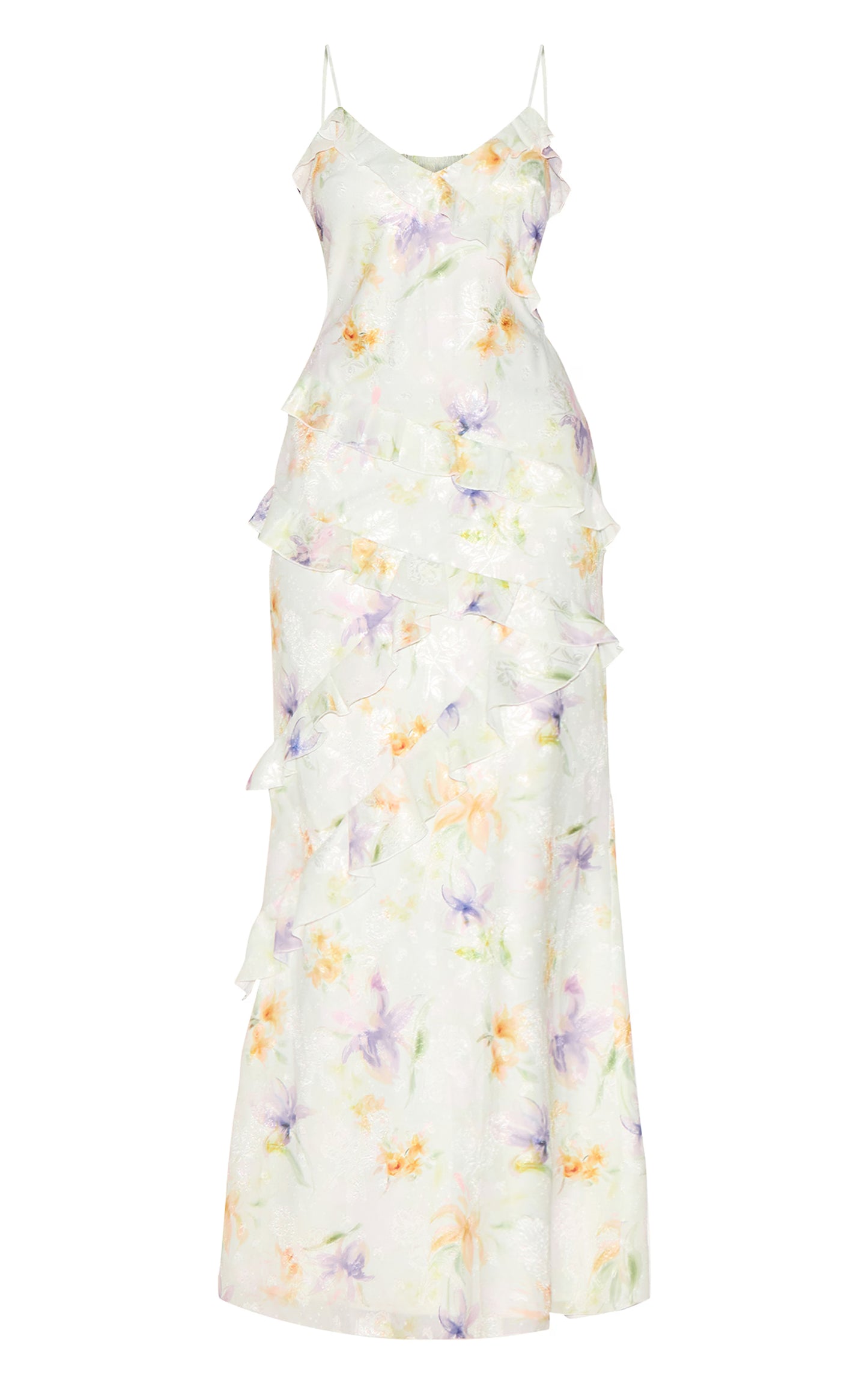 Multi Floral Embroidered Frill Maxi Dress