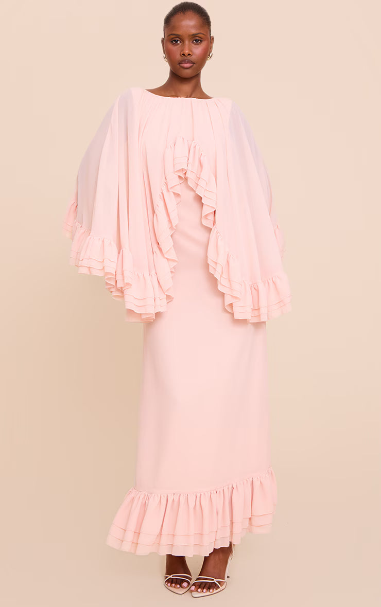 Blush Chiffon Extreme Overlay Frill Detail Maxi Dress