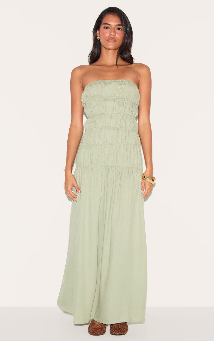 Sage Bandeau Ruched Detail Maxi Dress