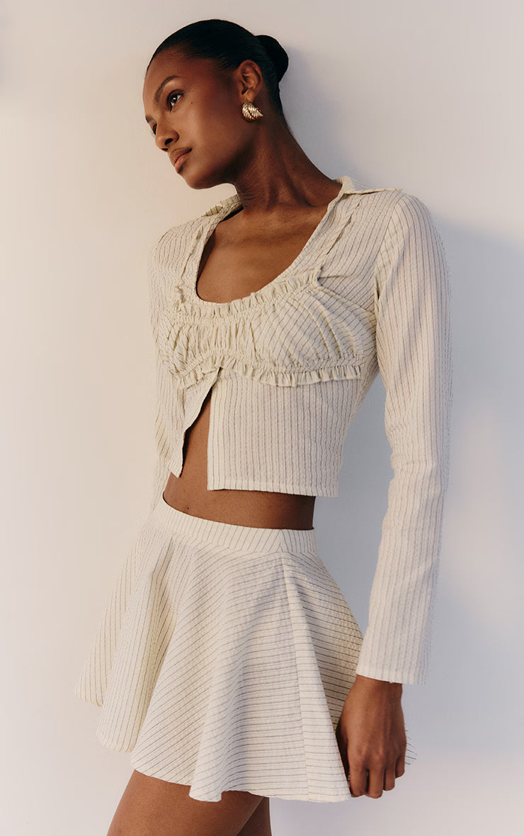 Cream Pinstripe Seersucker Ruched Bralet Detail Shirt