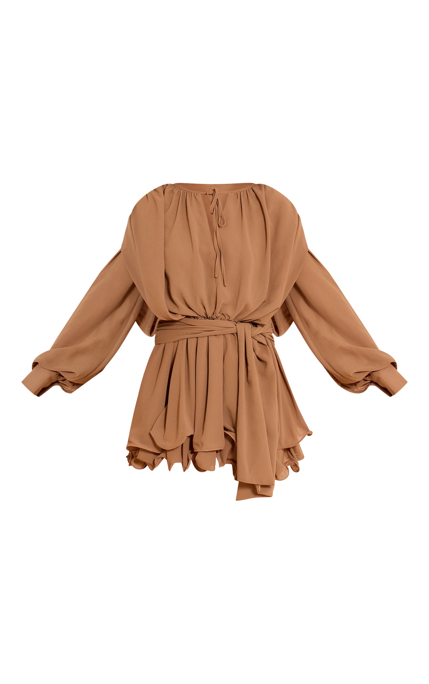 Chocolate Floaty Tie Detail Long Sleeve Shift Dress