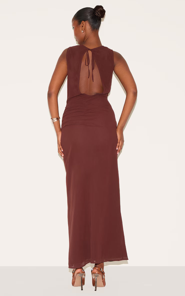 Chocolate Chiffon Keyhole Ruched Detail Maxi Dress