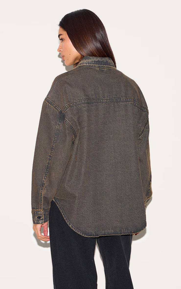 Vintage Brown Dip Hem Button Up Denim Shirt