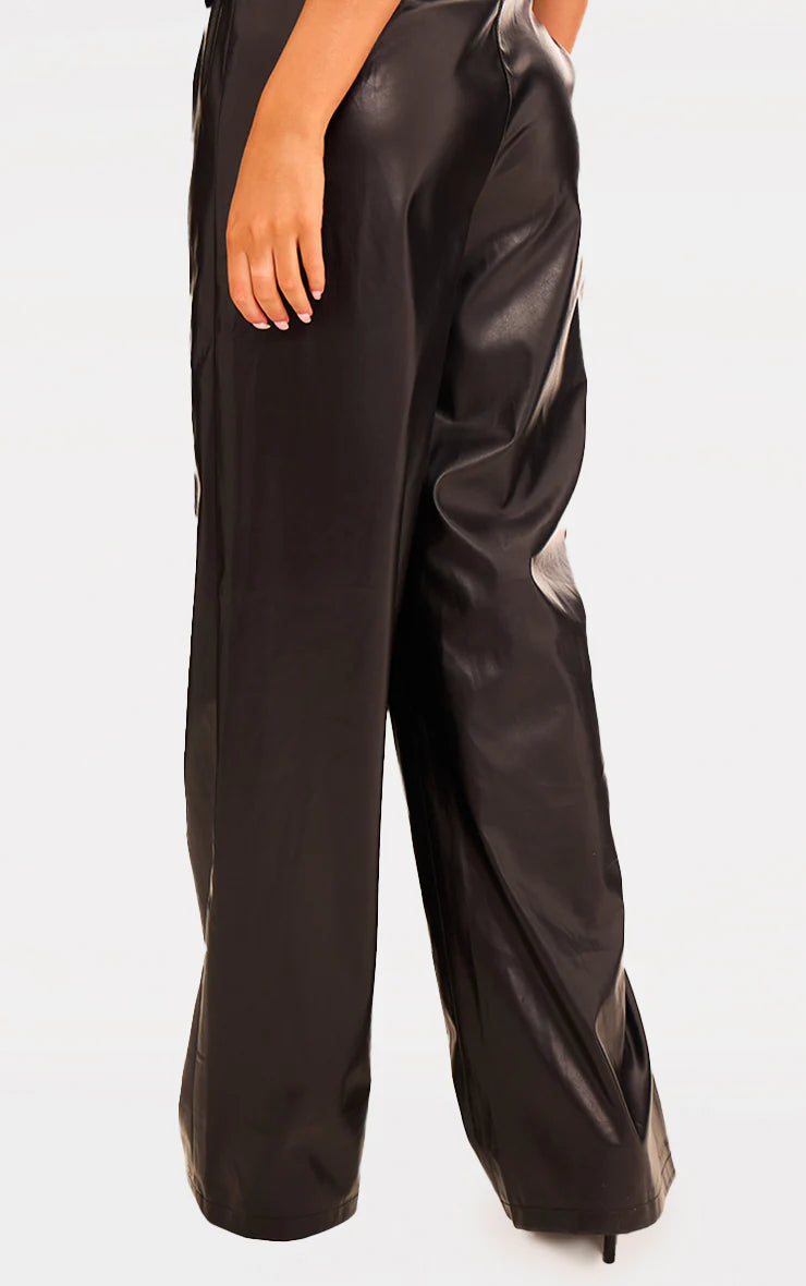 Black Faux Leather Mid Rise Wide Leg Pants