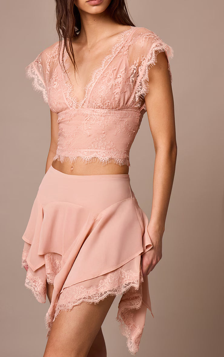 Apricot Chiffon Layered Lace Detail Mini Skirt