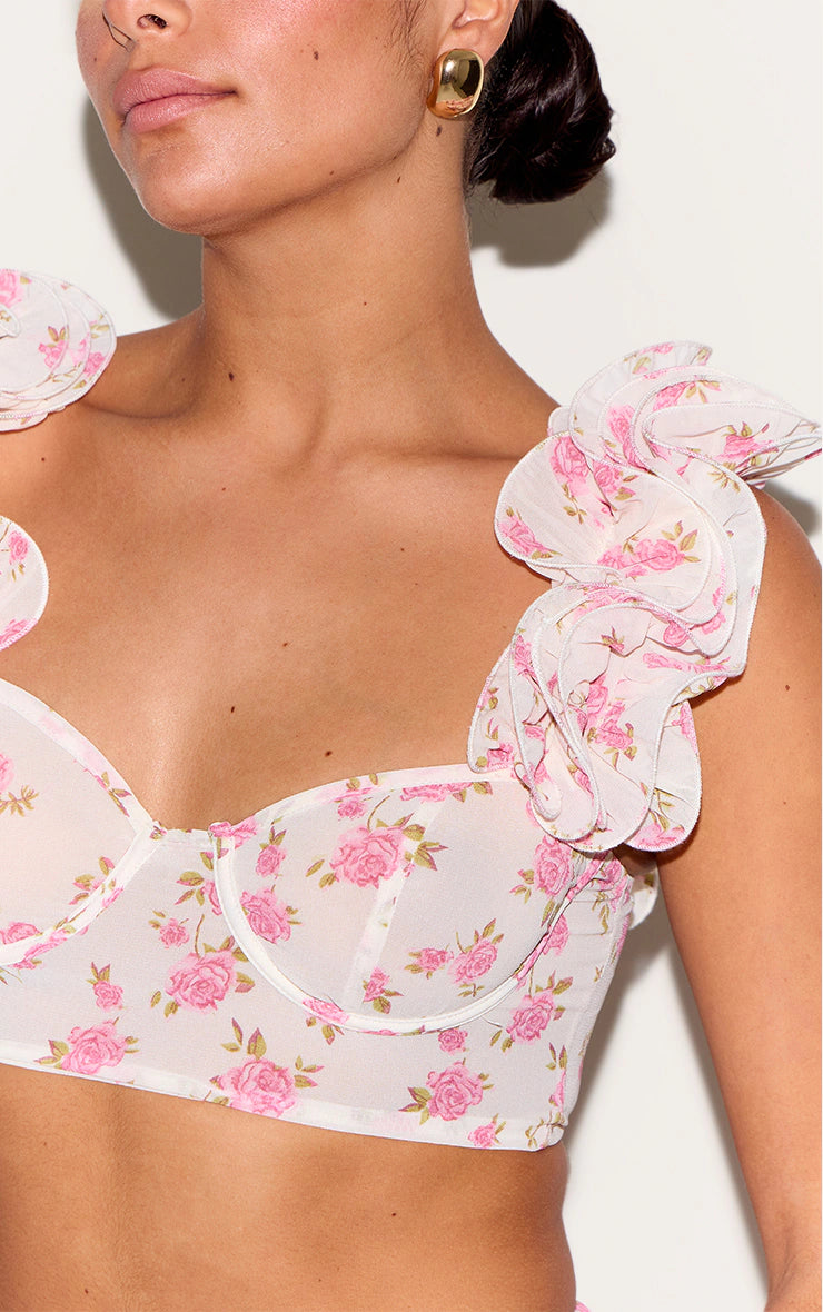 Petite Multi Floral Ruffle Crop Top