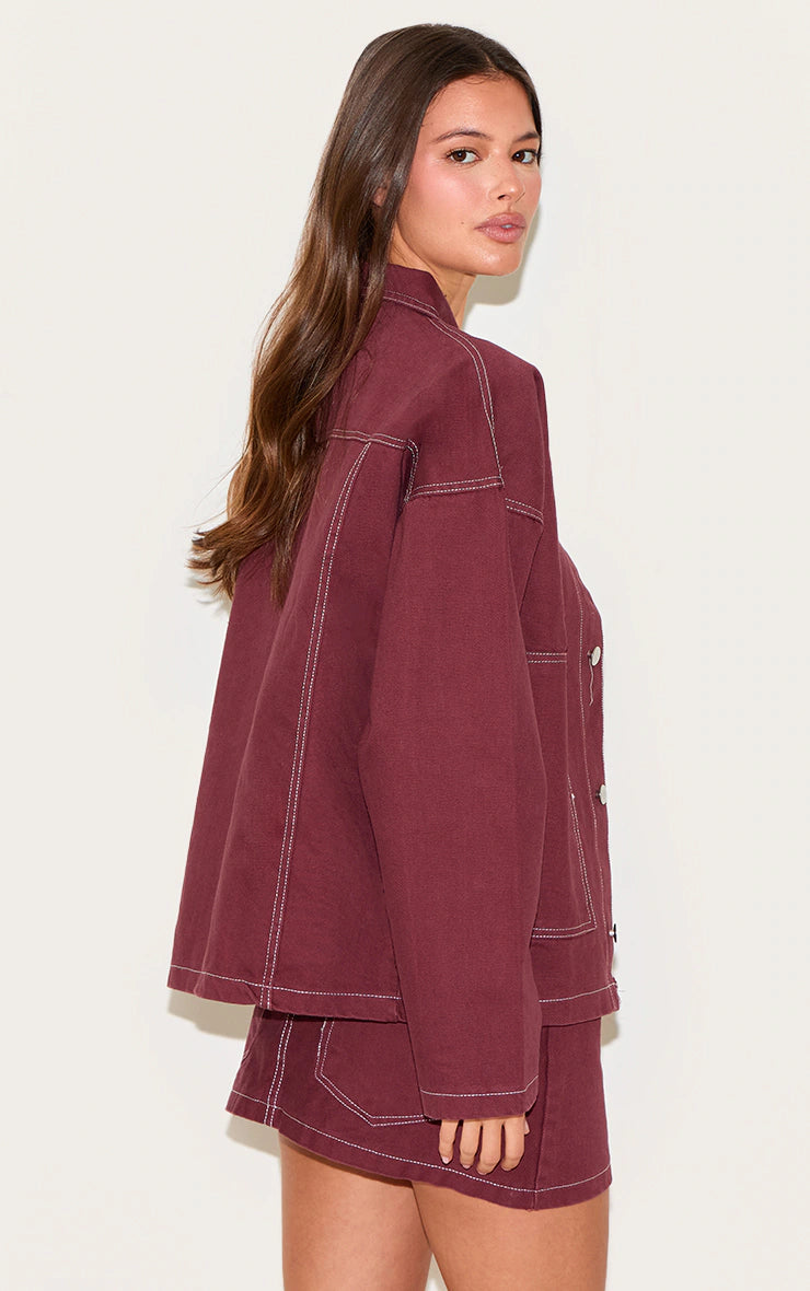 Burgundy Contrast Stitch Pocket Patch Detail Denim Shirt