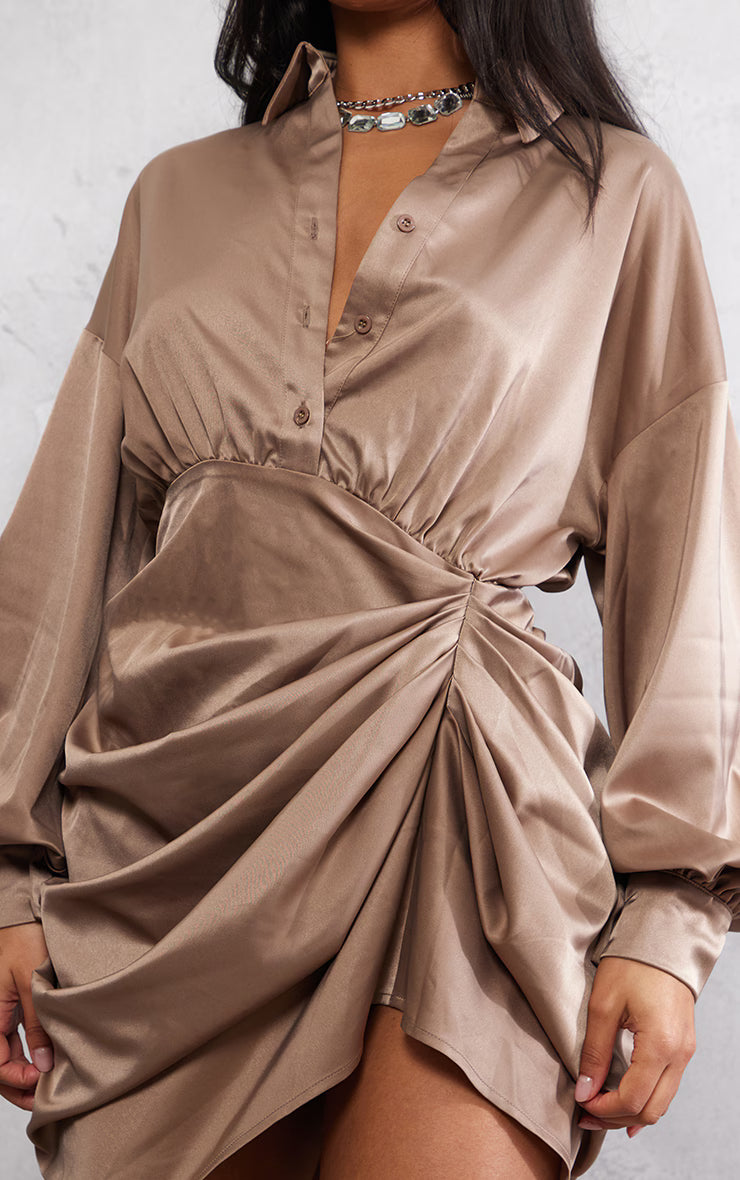 Taupe Satin Drape Skirt Oversized Sleeve Shirt Dress