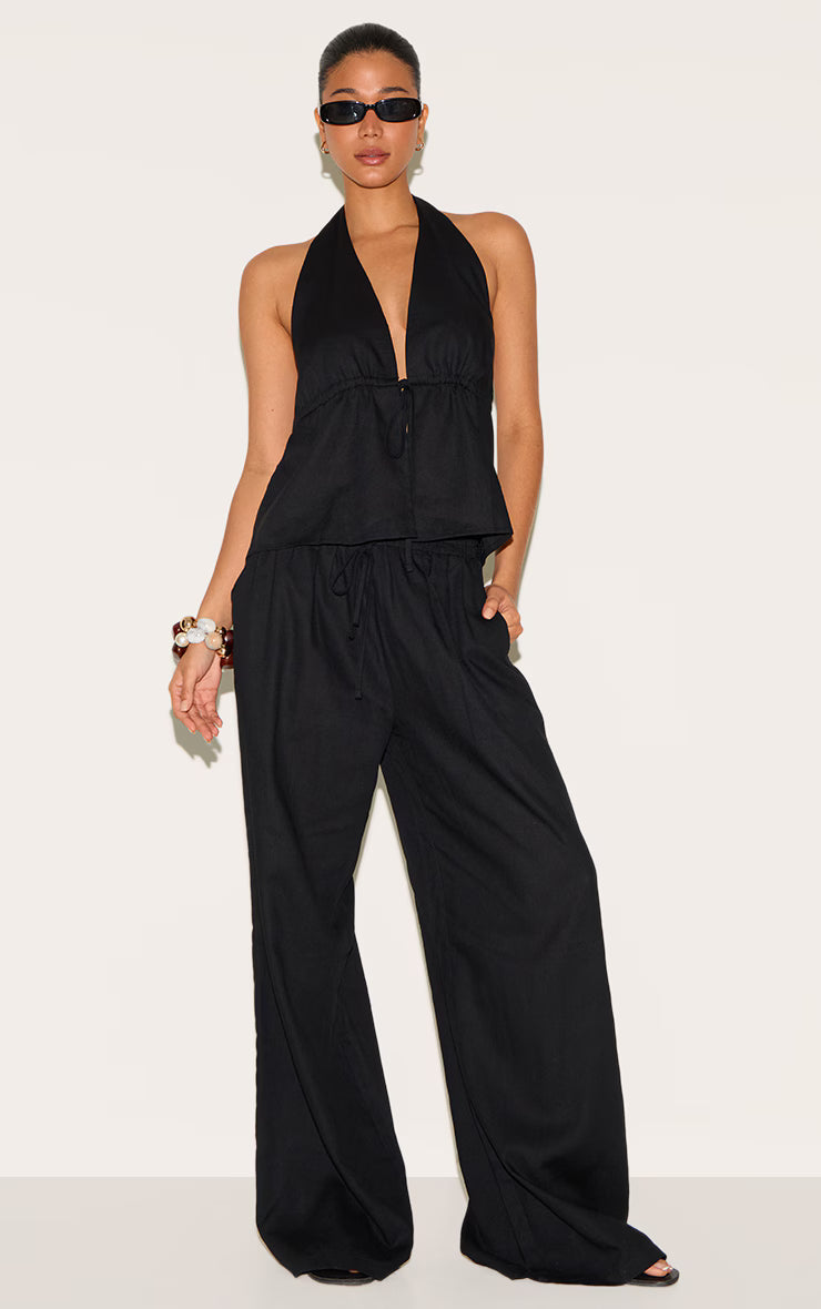 Black Linen Look Tie Waist Longline Top