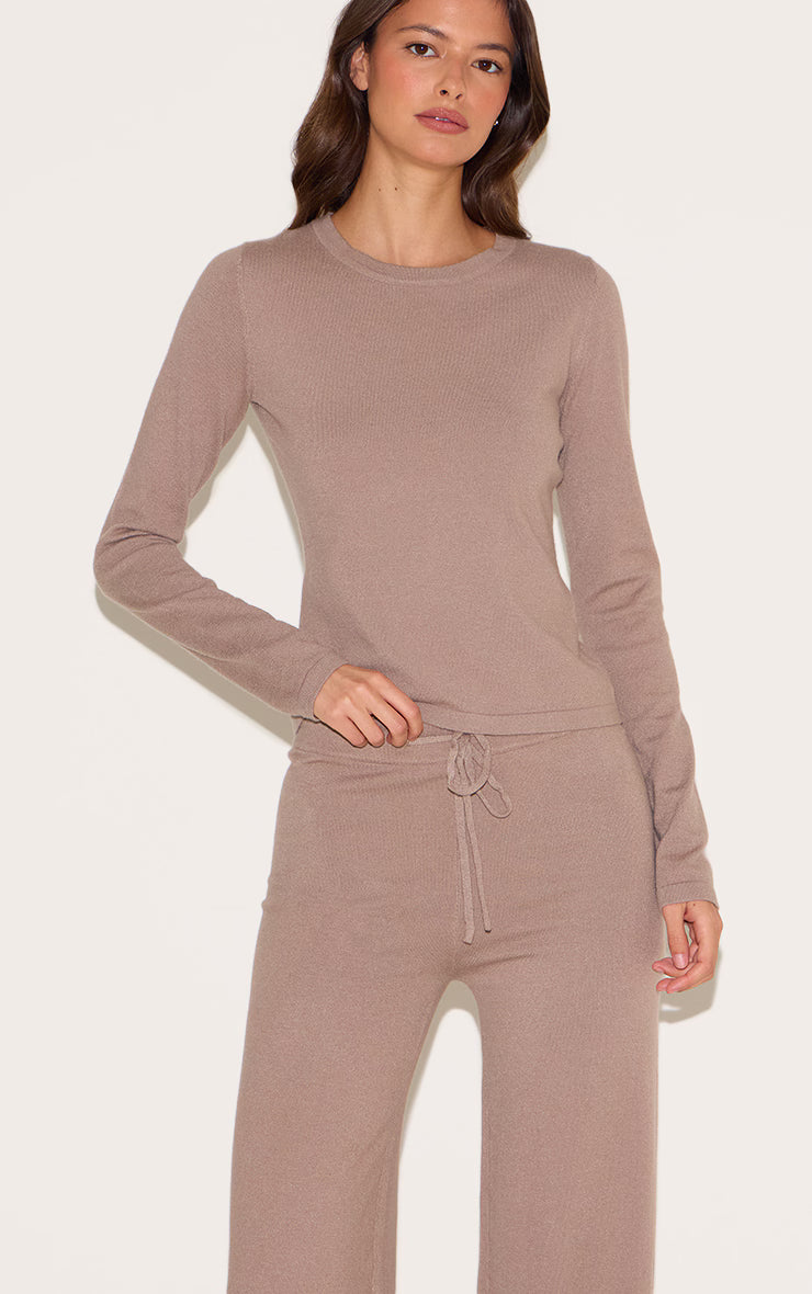 Deep Taupe Soft Knit Drawstring Waist Wide Leg Pants