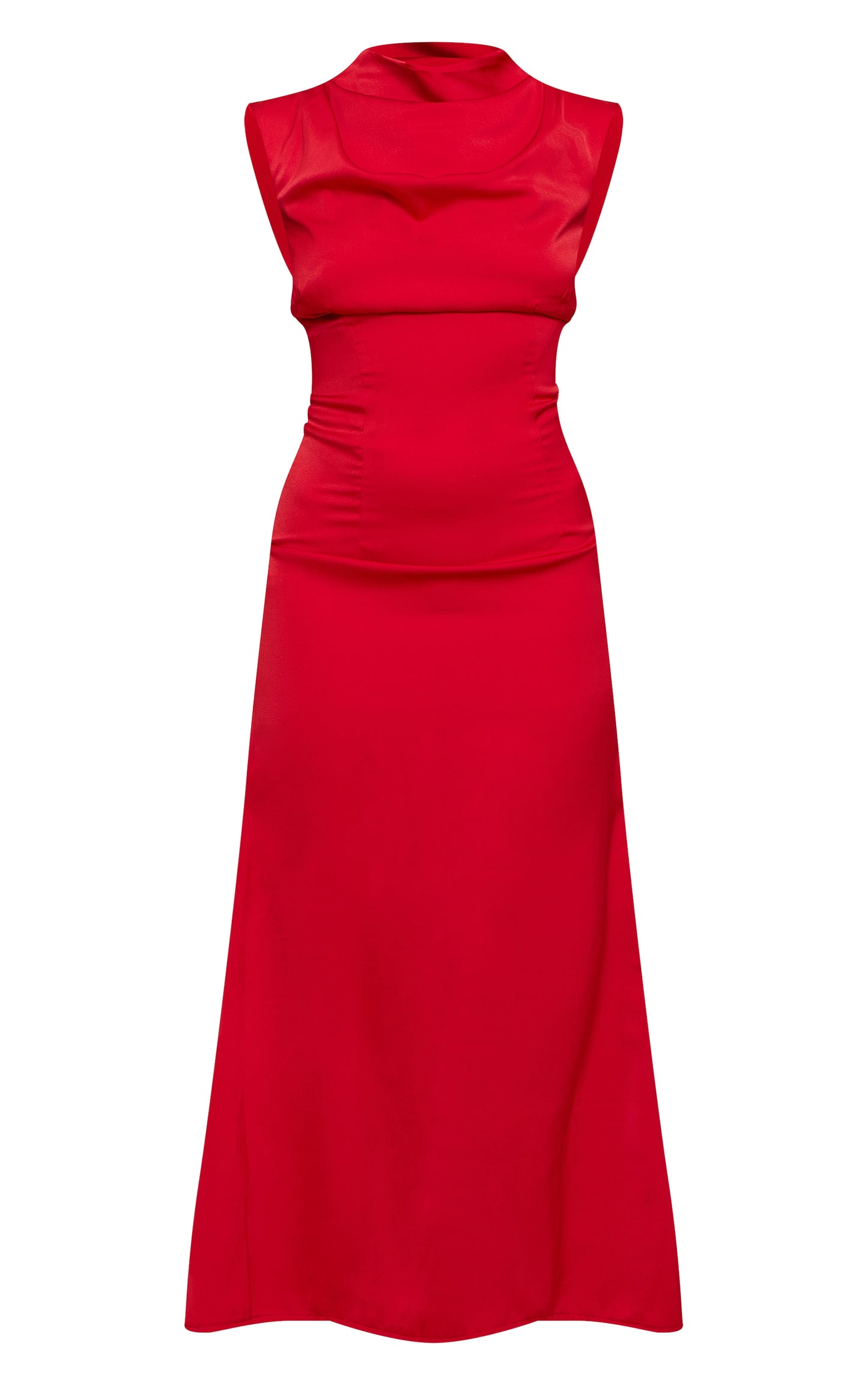 Red Satin Boat Neck Fishtail Midi Dress