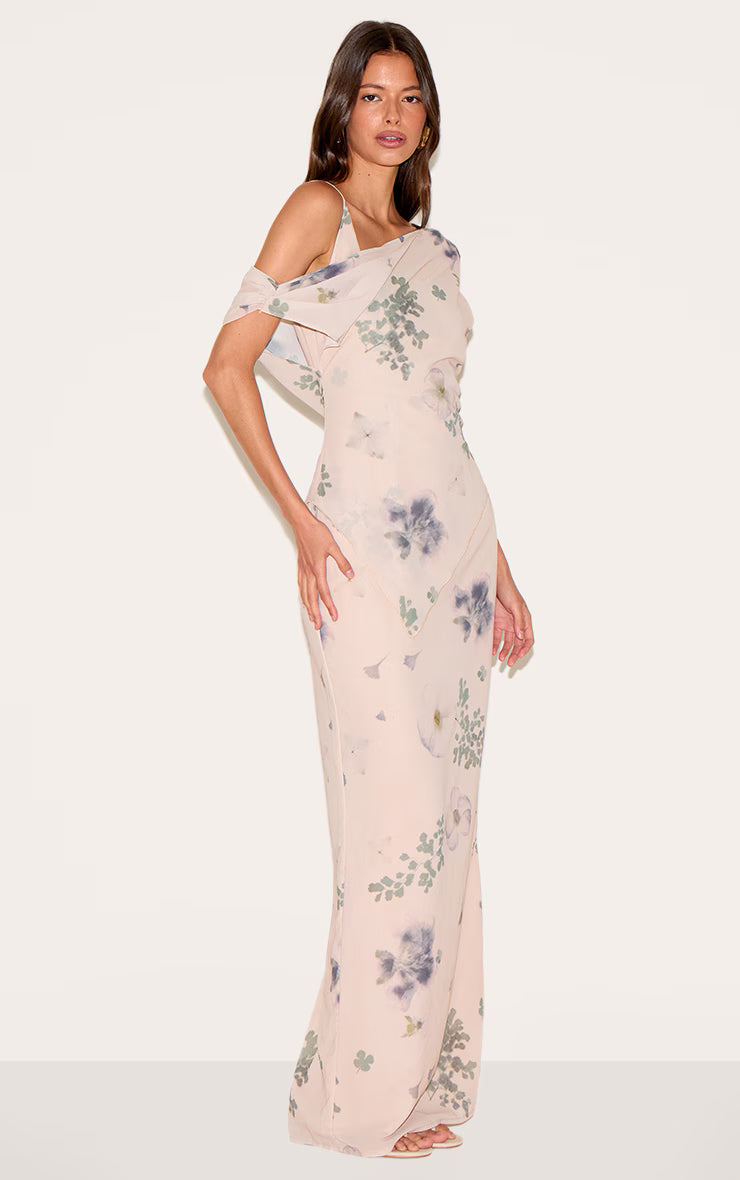 Sand Abstract Printed Chiffon Draped Maxi Dress