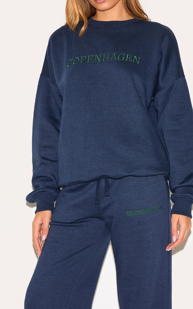 Navy Copenhagen Embroidered Wide Leg Cuffed Sweatpants