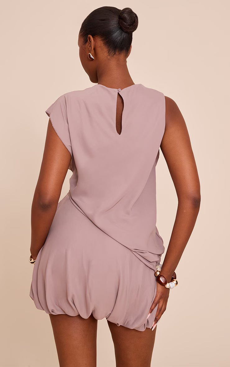 Taupe Chiffon Frill Hem Shift Mini Dress