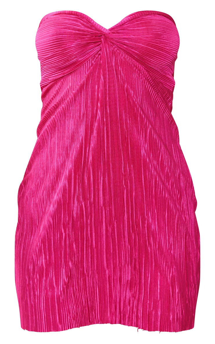 Hot Pink Plisse Knot Detail Bandeau Bodycon Dress