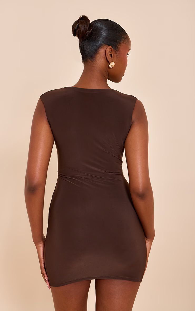Chocolate Double Layer Ruched Trim Detail Mini Dress