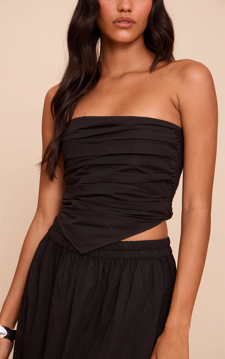 Black Cotton Poplin Ruched Front Bandeau Top