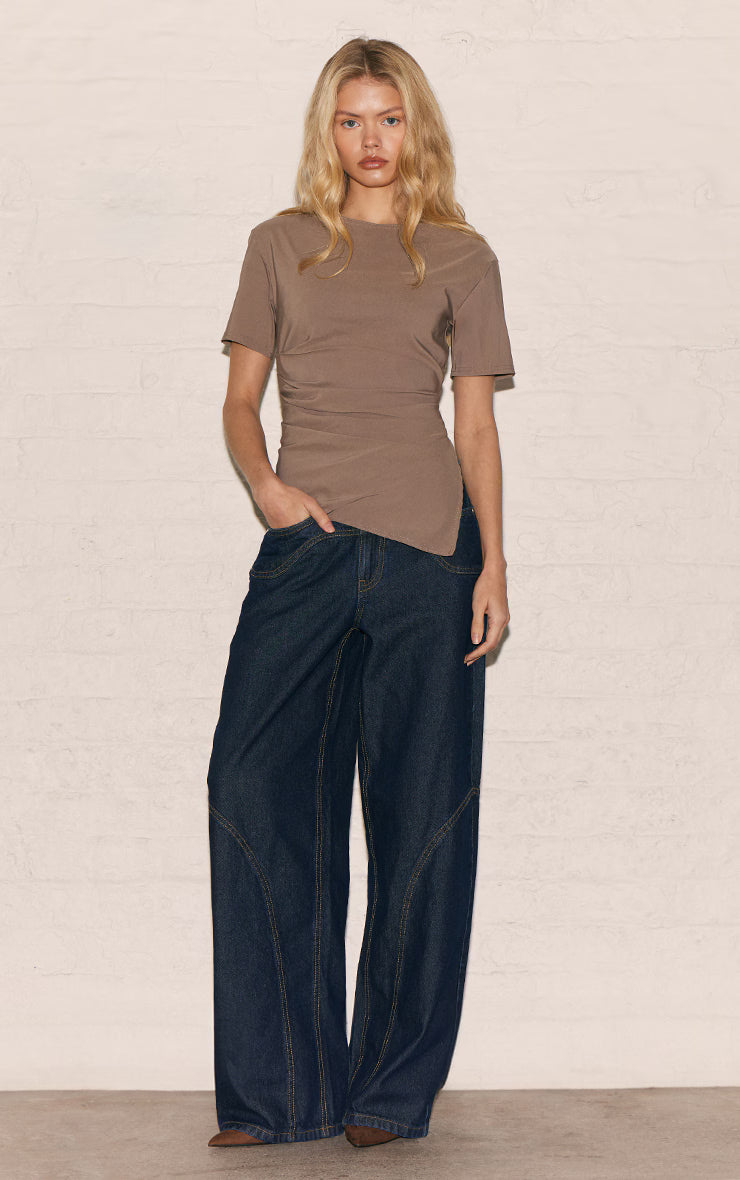 Taupe Bengaline Ruched Asymmetric Detail Long Top
