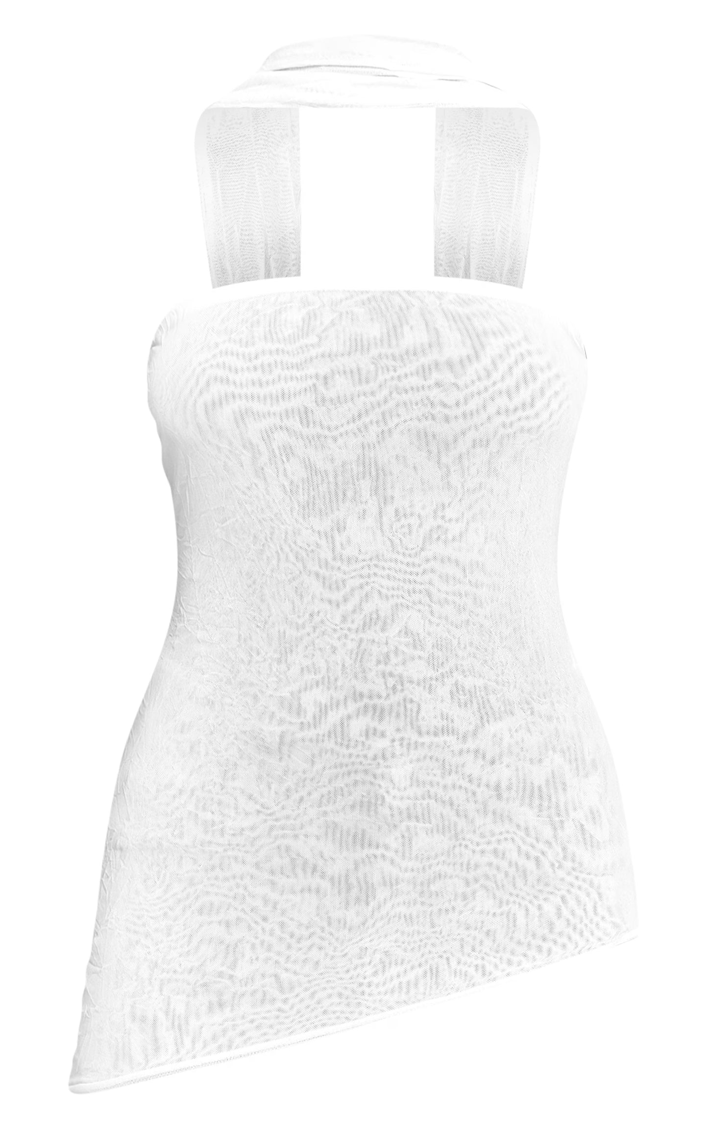 Cream Crinkle Mesh Scarf Detail Asymmetric Long Top