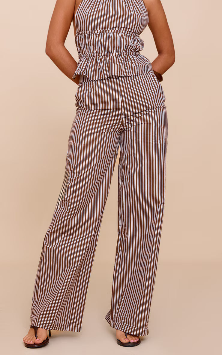 Brown Stripe Woven Mid Rise Wide Leg Pant