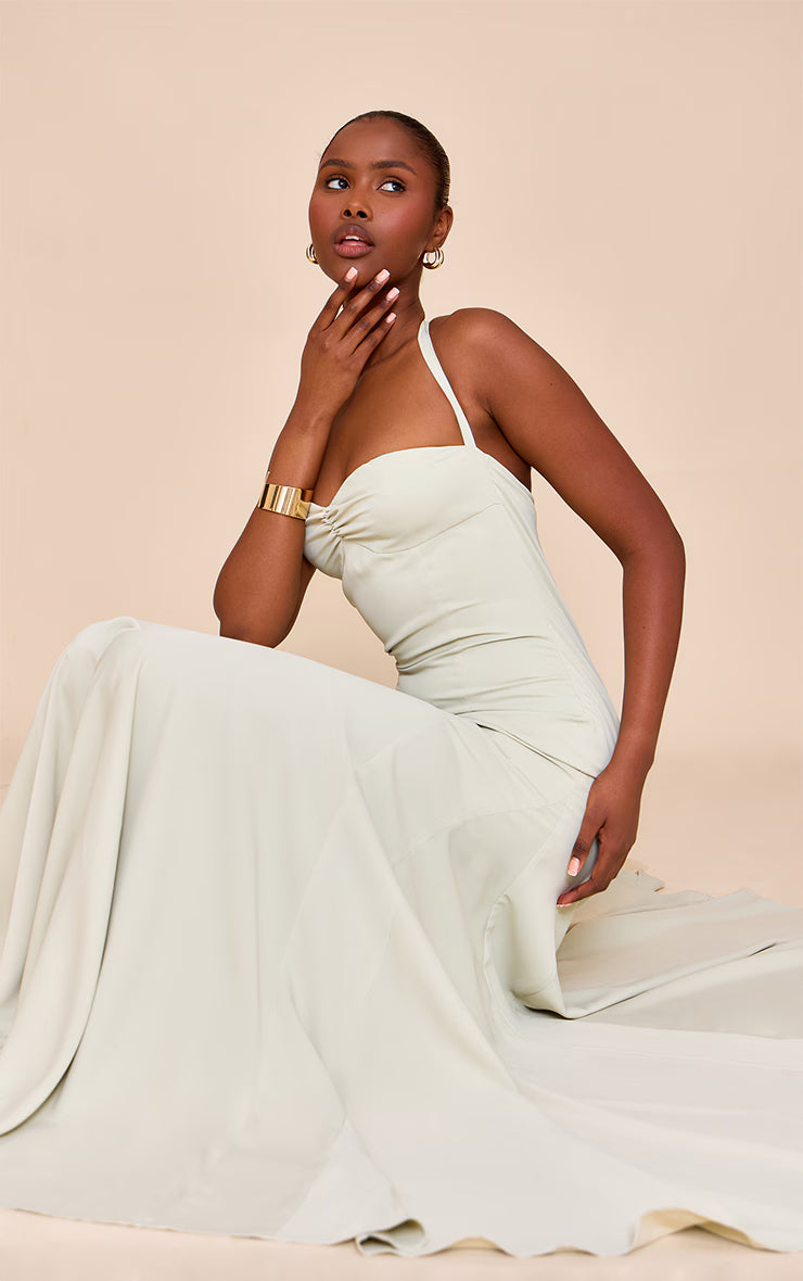 Sage Woven Halterneck Ruched Bust Detail Maxi Dress