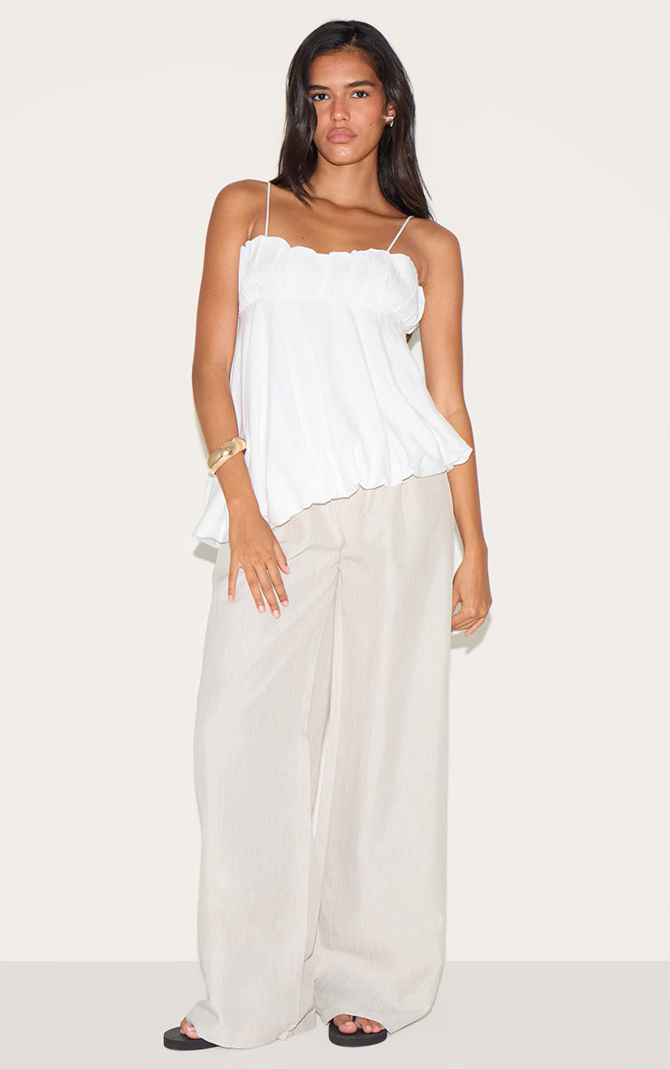 White Linen Blend Puff Ball Asymmetric Cami