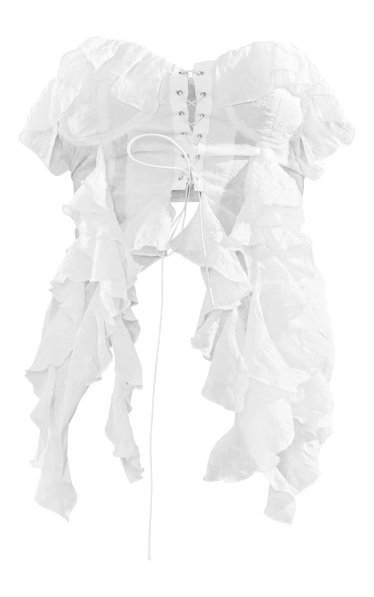 Cream Bandeau Chiffon Ruffle Lace Up Corset